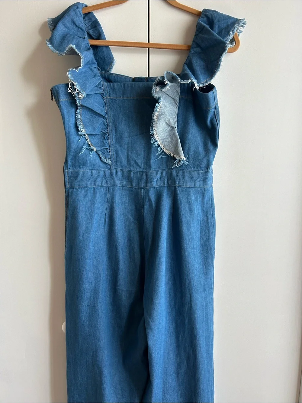 Sea New York Blue Denim Ruffle-Strap Wide-Leg Overalls - Picture 4 of 6
